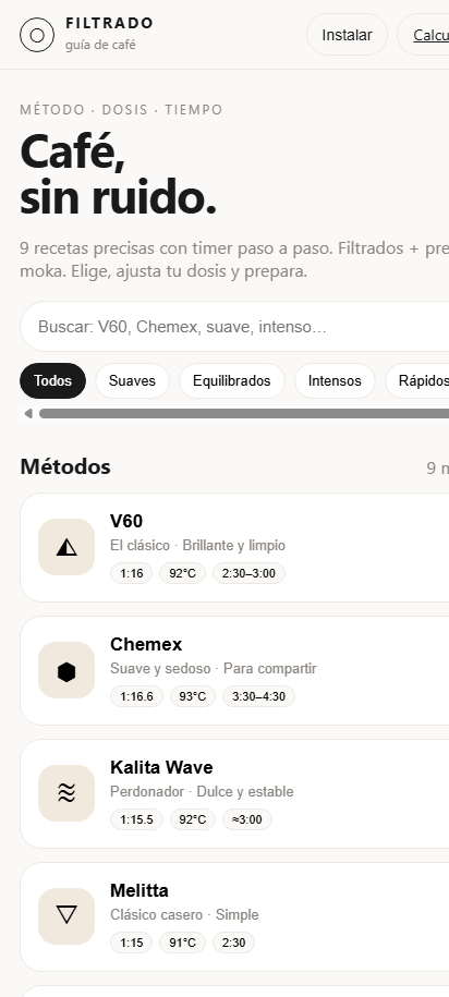 Pantalla de Filtrado con métodos y recetas de café